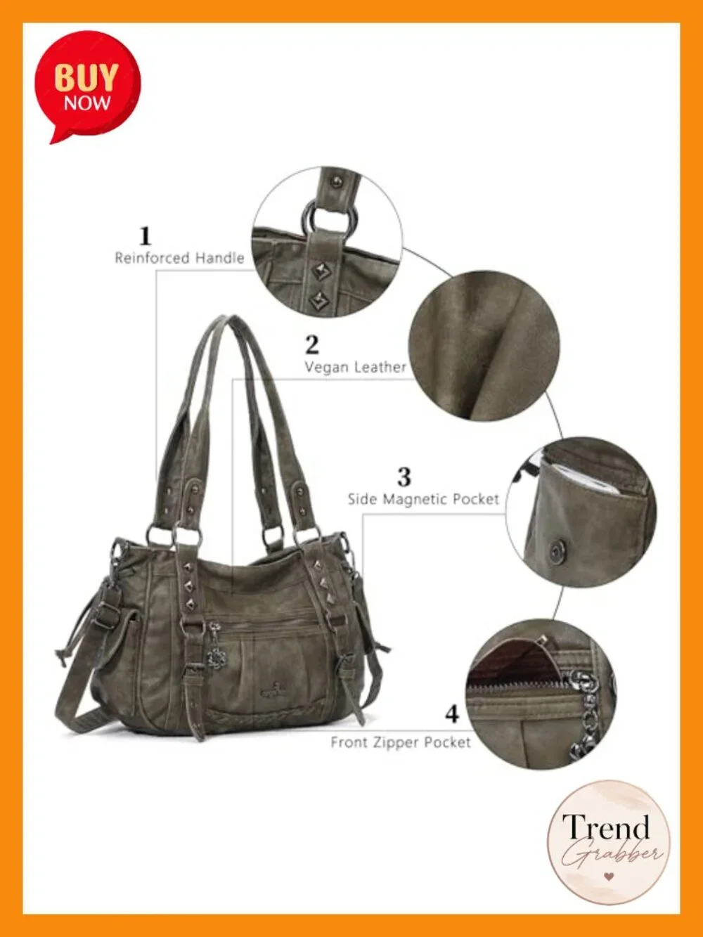 Multi Pocket Retro Hobo Satchel Tote Bag Vegan Leather